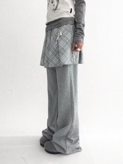 innomoood Minimalist Plaid Knit Faux Two Piece Relaxed Flared Natural Waist Women Pants