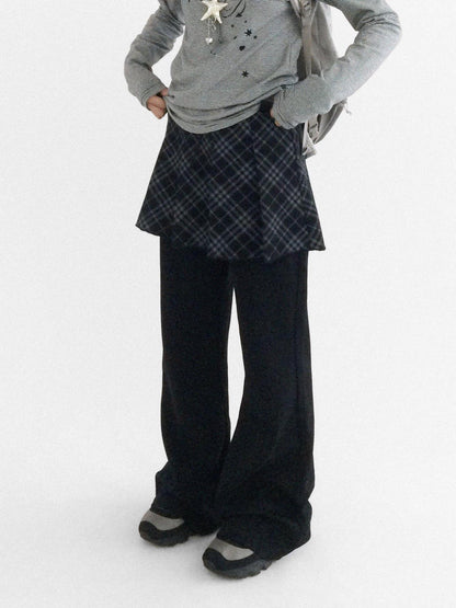 innomoood Minimalist Plaid Knit Faux Two Piece Relaxed Flared Natural Waist Women Pants