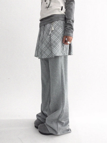 innomoood Minimalist Plaid Knit Faux Two Piece Relaxed Flared Natural Waist Women Pants