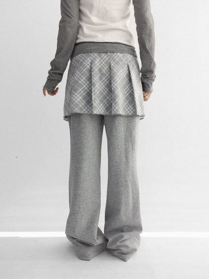 innomoood Minimalist Plaid Knit Faux Two Piece Relaxed Flared Natural Waist Women Pants