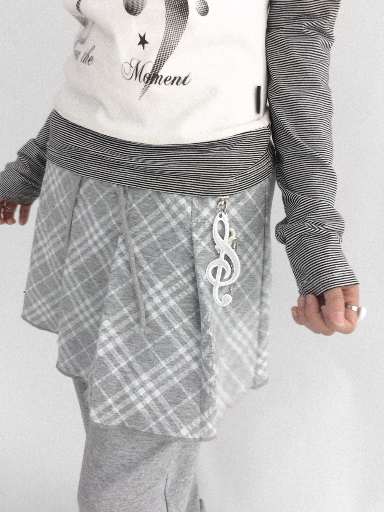 innomoood Minimalist Plaid Knit Faux Two Piece Relaxed Flared Natural Waist Women Pants