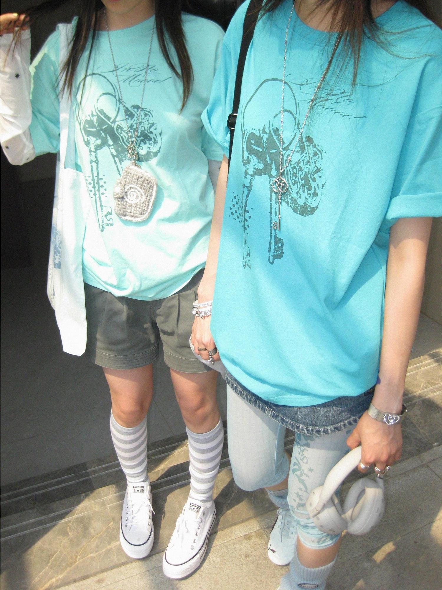 innomoood Mint Green Key Lock Print Loose Crewneck Women&