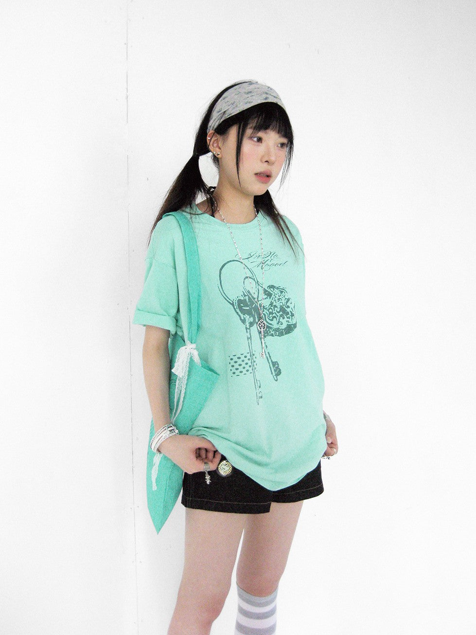 innomoood Mint Green Key Lock Print Loose Crewneck Women&