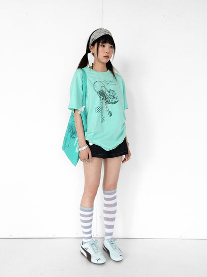 innomoood Mint Green Key Lock Print Loose Crewneck Women&