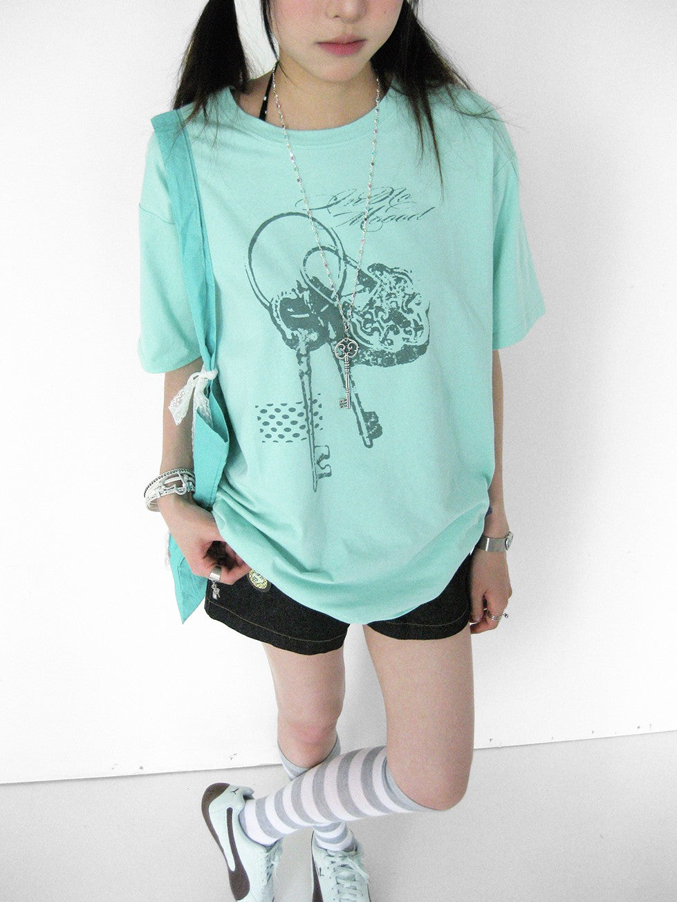 innomoood Mint Green Key Lock Print Loose Crewneck Women&