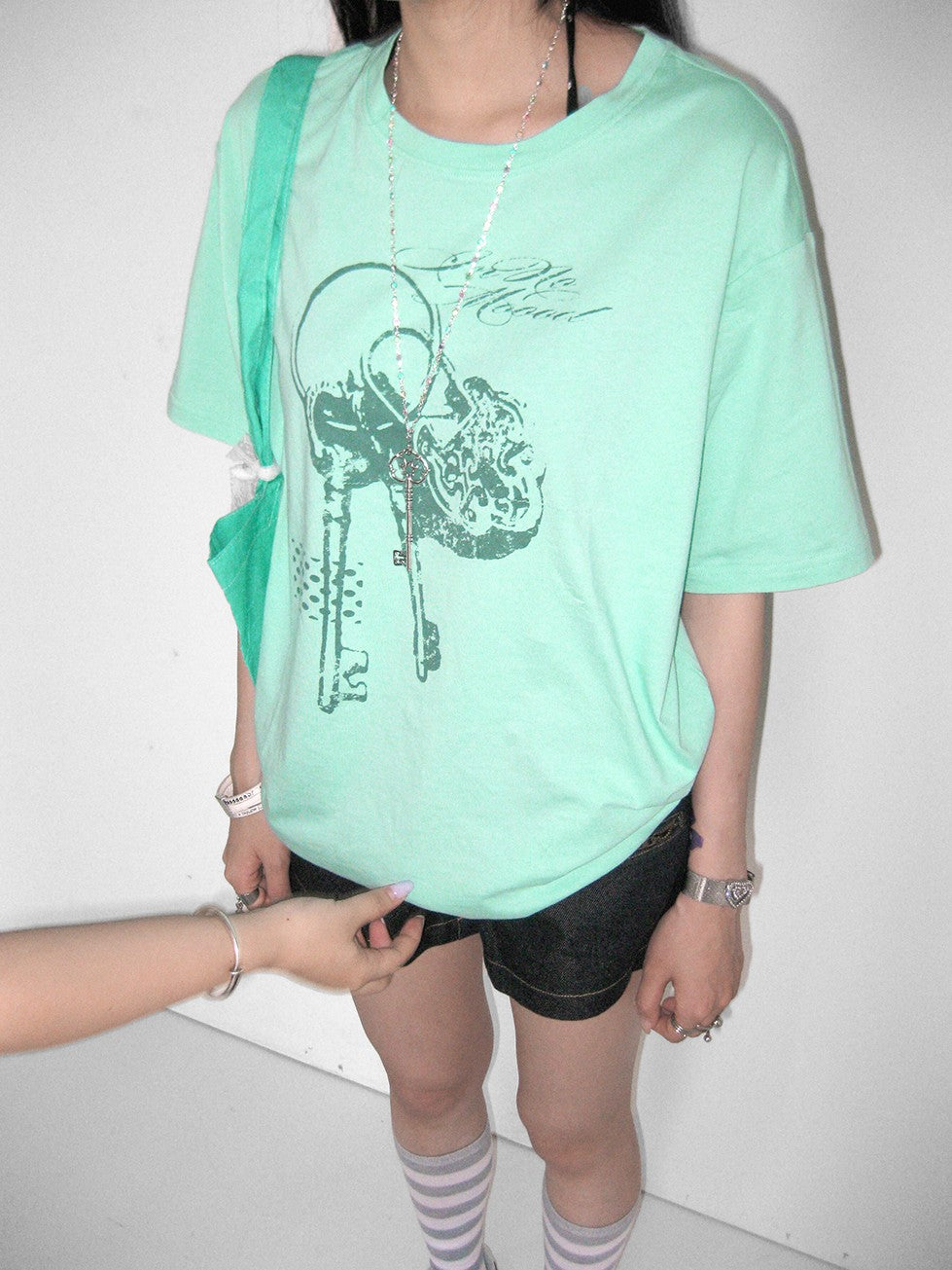 innomoood Mint Green Key Lock Print Loose Crewneck Women&