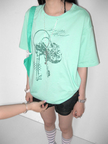 innomoood Mint Green Key Lock Print Loose Crewneck Women&
