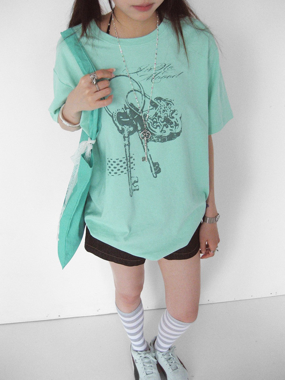 innomoood Mint Green Key Lock Print Loose Crewneck Women&