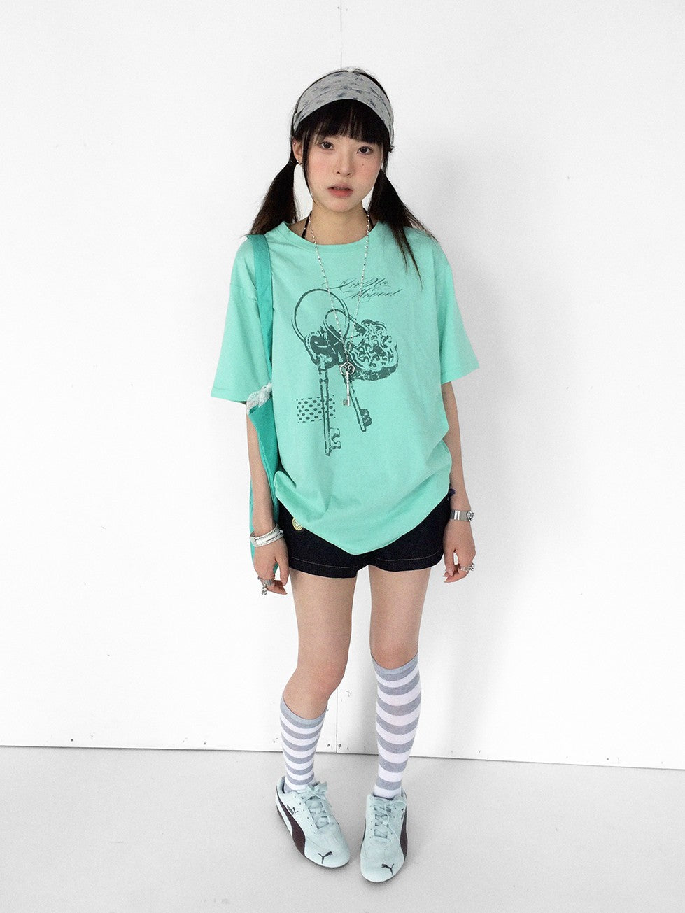 innomoood Mint Green Key Lock Print Loose Crewneck Women&