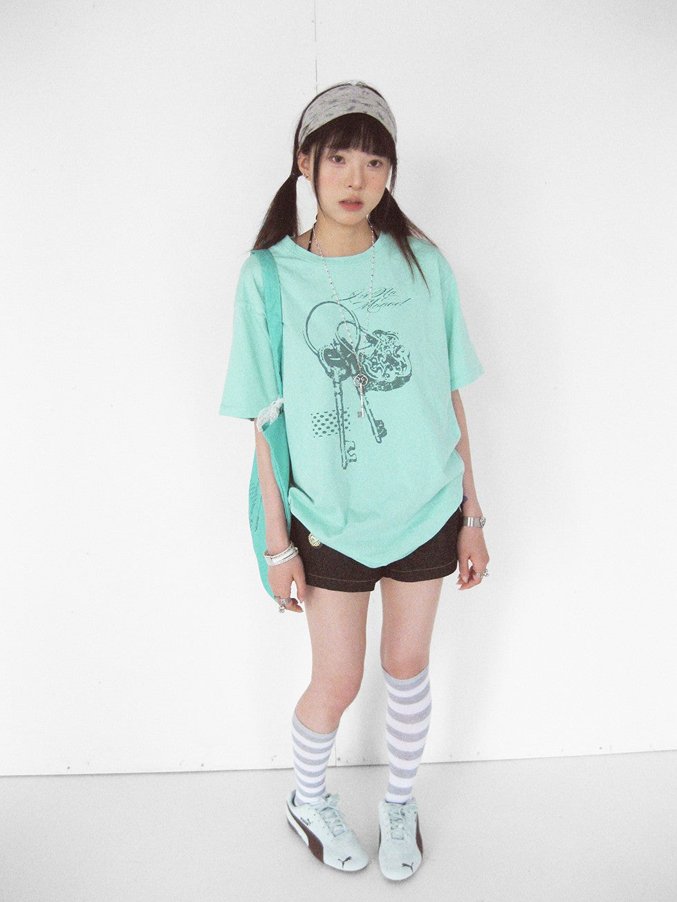 innomoood Mint Green Key Lock Print Loose Crewneck Women&