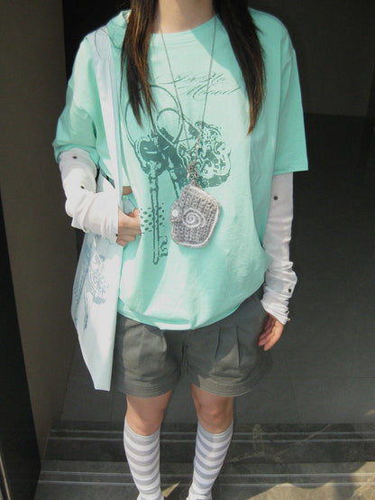 innomoood Mint Green Key Lock Print Loose Crewneck Women&
