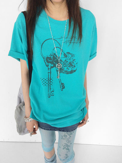innomoood Mint Green Key Lock Print Loose Crewneck Women&
