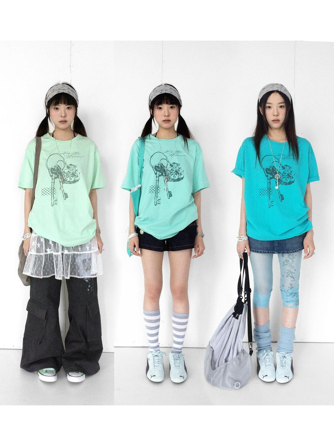 innomoood Mint Green Key Lock Print Loose Crewneck Women&