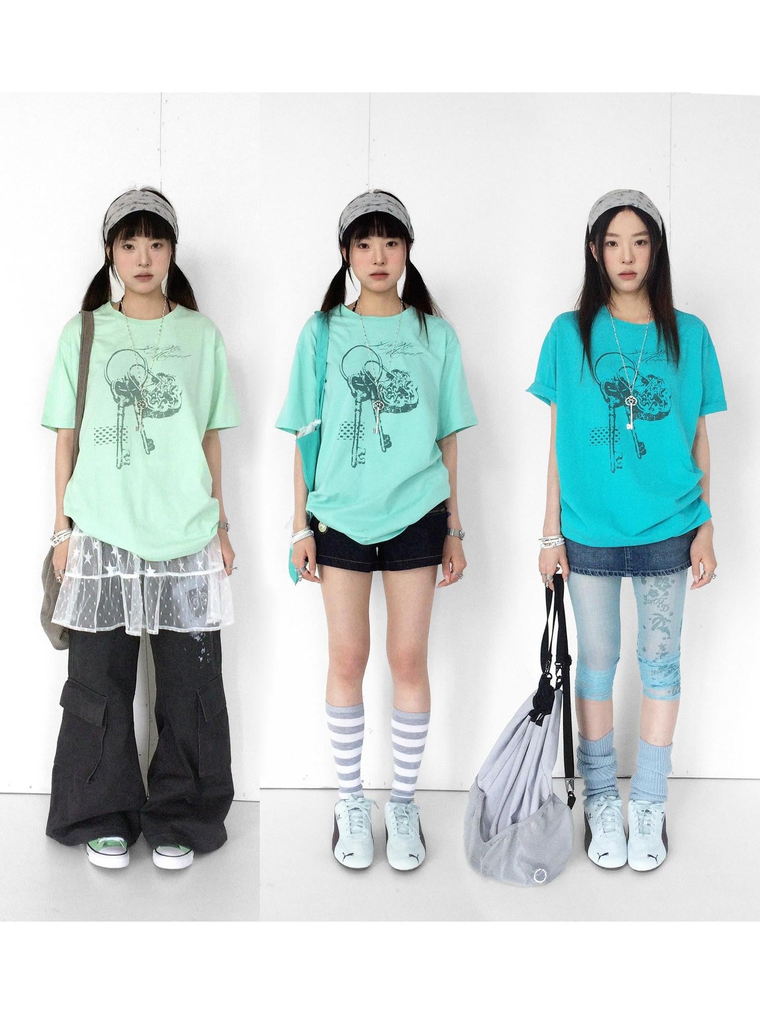 innomoood Mint Green Key Lock Print Loose Crewneck Women&