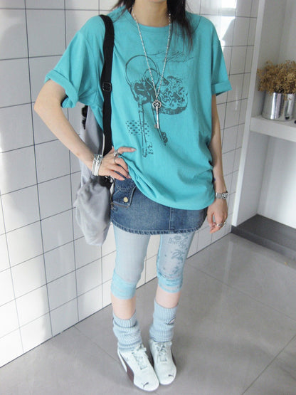 innomoood Mint Green Key Lock Print Loose Crewneck Women&
