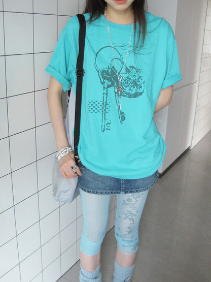 innomoood Mint Green Key Lock Print Loose Crewneck Women&