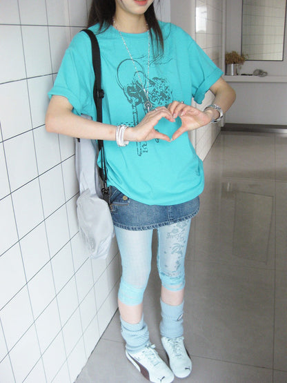 innomoood Mint Green Key Lock Print Loose Crewneck Women&