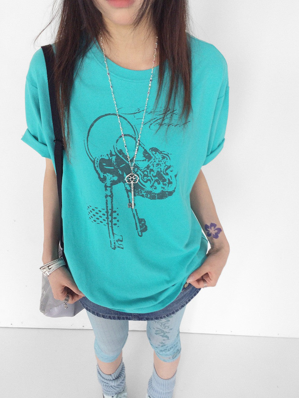 innomoood Mint Green Key Lock Print Loose Crewneck Women&