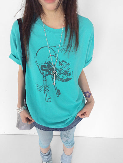 innomoood Mint Green Key Lock Print Loose Crewneck Women&