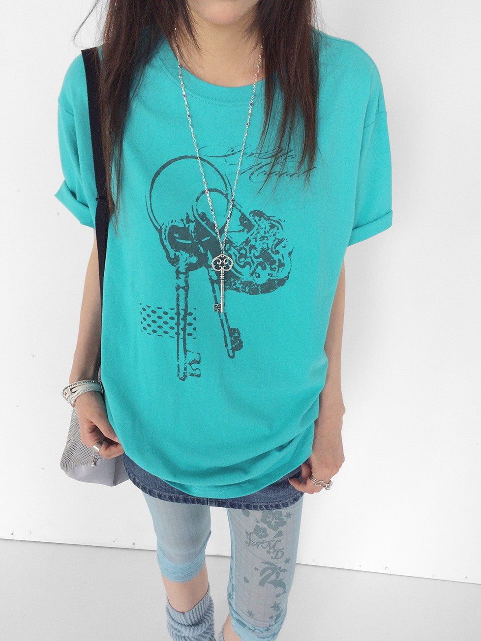 innomoood Mint Green Key Lock Print Loose Crewneck Women&