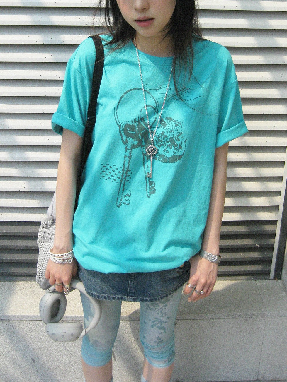 innomoood Mint Green Key Lock Print Loose Crewneck Women&