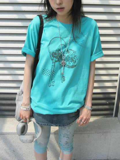 innomoood Mint Green Key Lock Print Loose Crewneck Women&