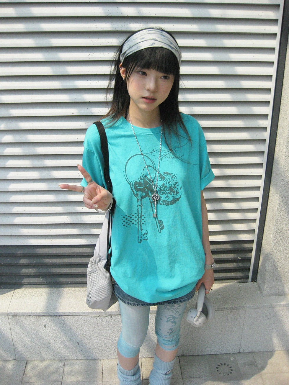 innomoood Mint Green Key Lock Print Loose Crewneck Women&