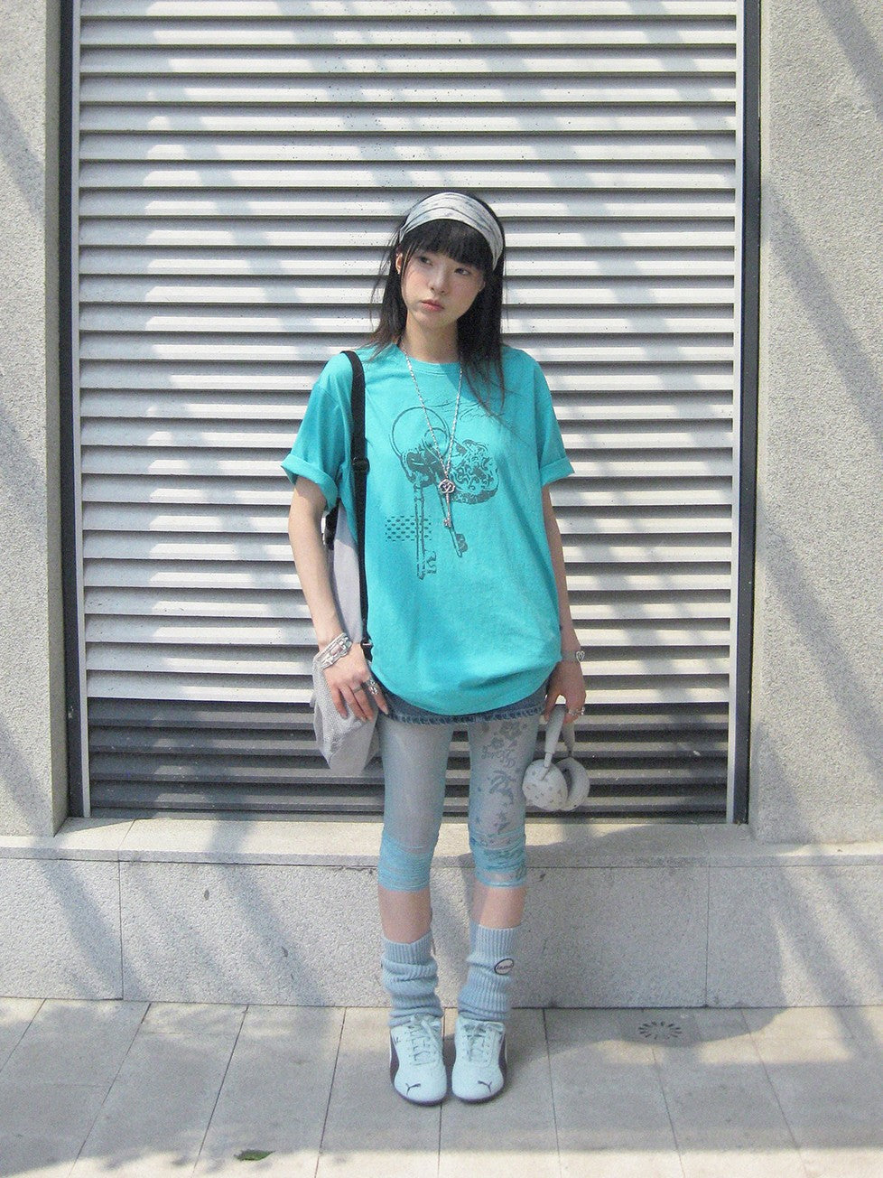 innomoood Mint Green Key Lock Print Loose Crewneck Women&