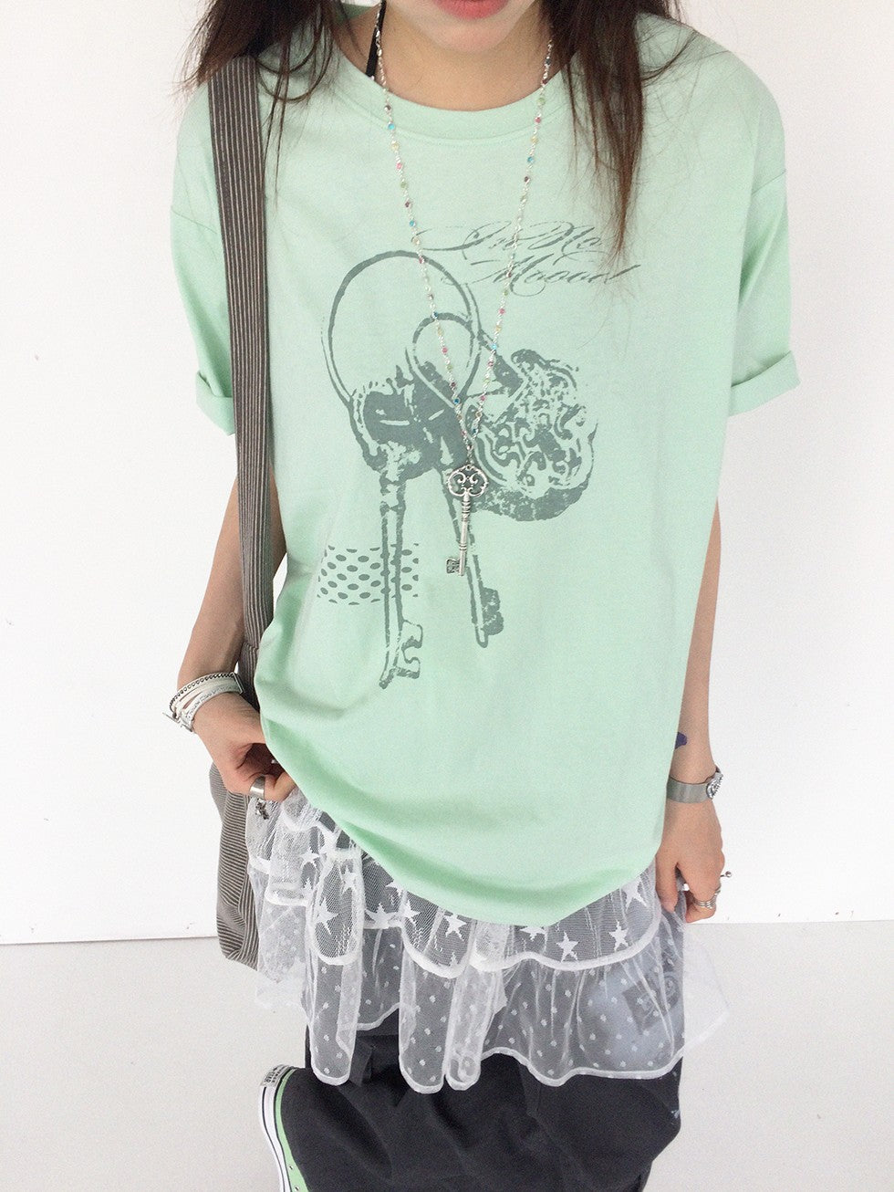 innomoood Mint Green Key Lock Print Loose Crewneck Women&