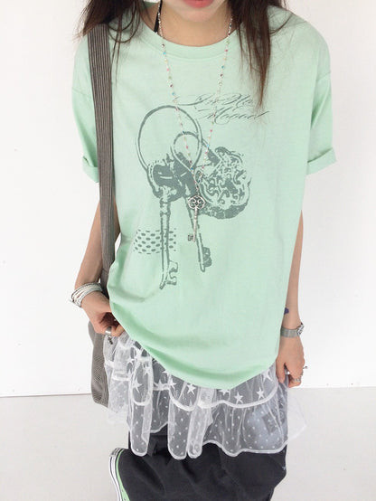 innomoood Mint Green Key Lock Print Loose Crewneck Women&