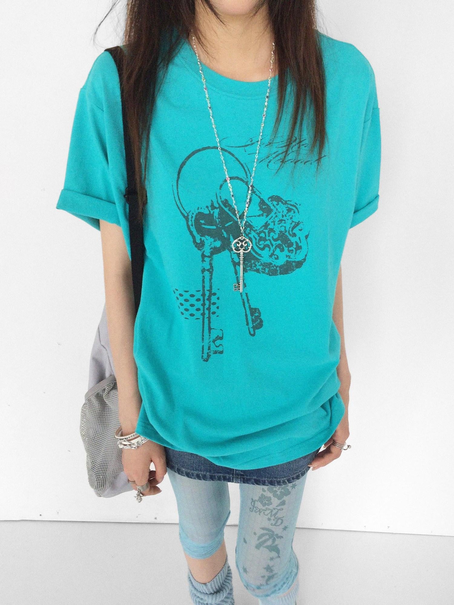 innomoood Mint Green Key Lock Print Loose Crewneck Women&