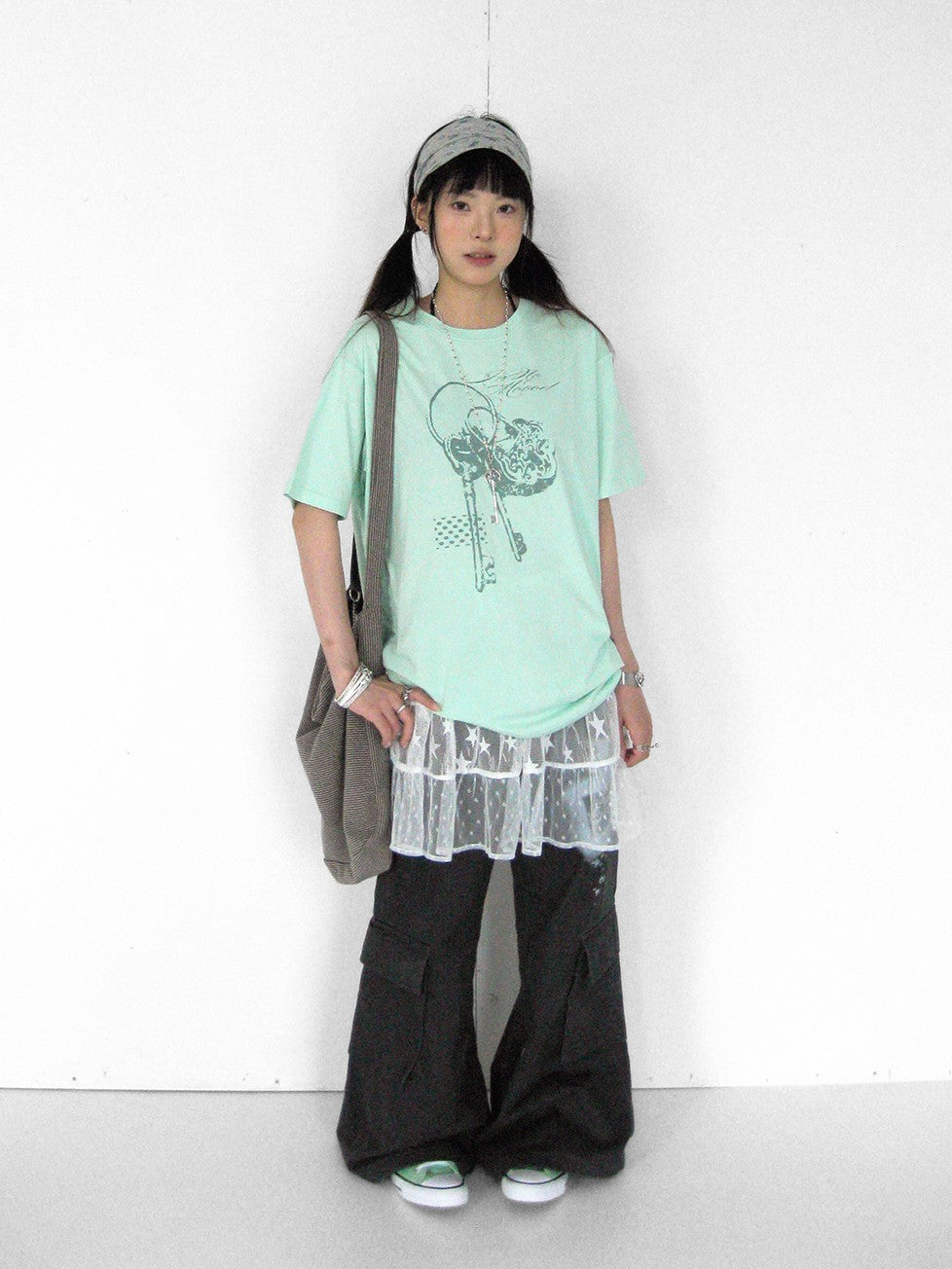innomoood Mint Green Key Lock Print Loose Crewneck Women&