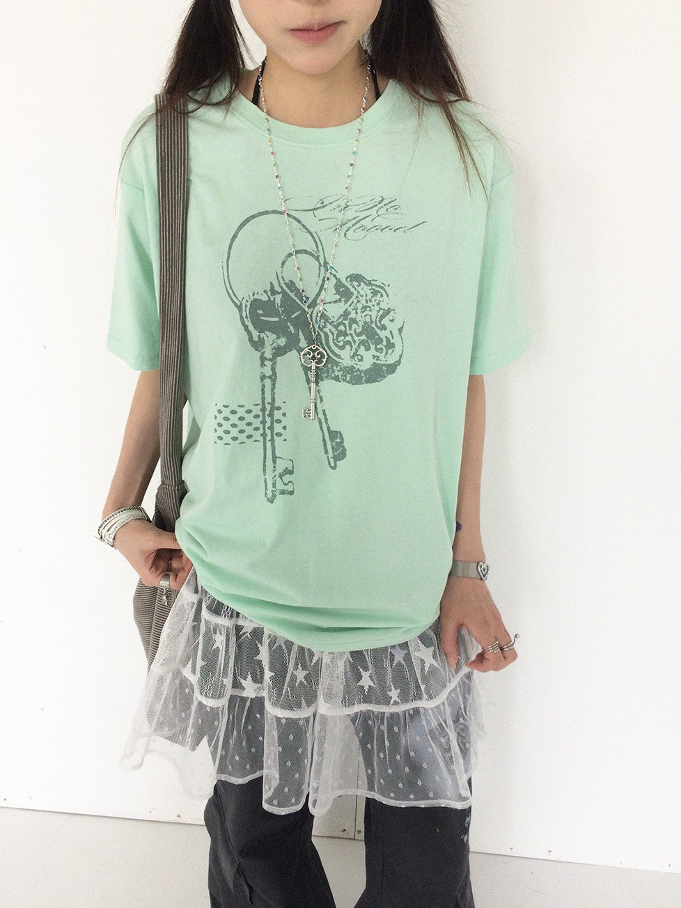 innomoood Mint Green Key Lock Print Loose Crewneck Women&