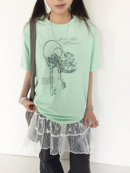 innomoood Mint Green Key Lock Print Loose Crewneck Women&