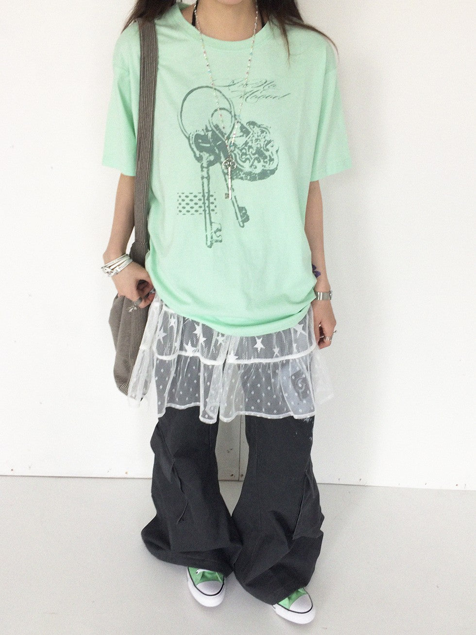 innomoood Mint Green Key Lock Print Loose Crewneck Women&