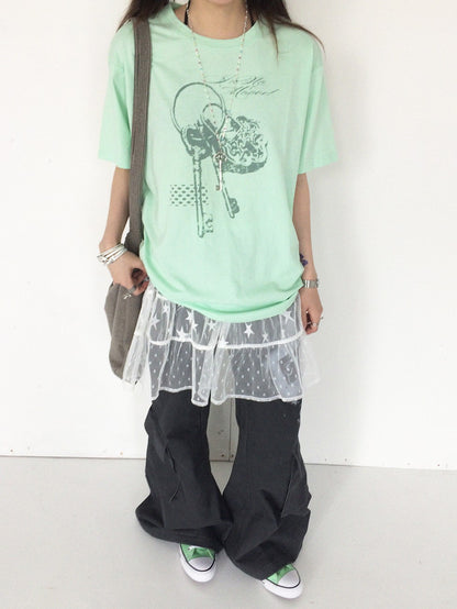 innomoood Mint Green Key Lock Print Loose Crewneck Women&