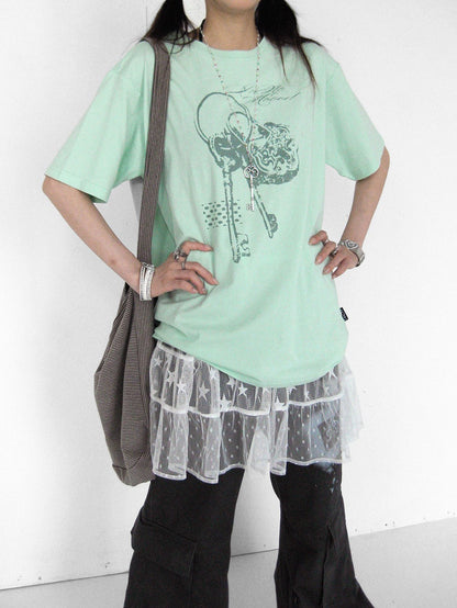 innomoood Mint Green Key Lock Print Loose Crewneck Women&