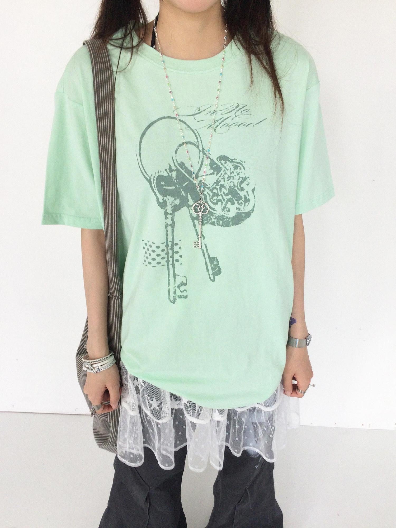 innomoood Mint Green Key Lock Print Loose Crewneck Women&