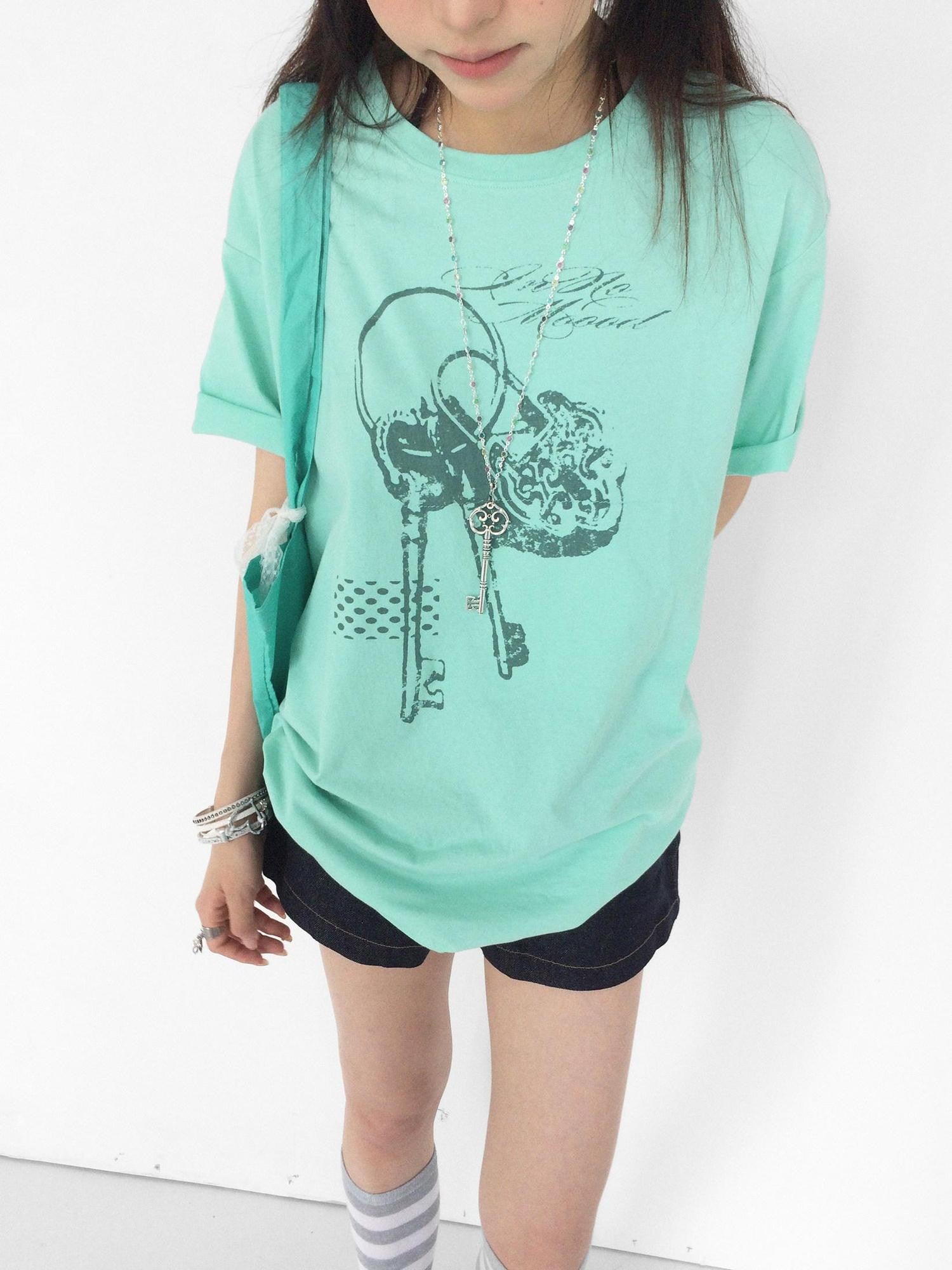 innomoood Mint Green Key Lock Print Loose Crewneck Women&
