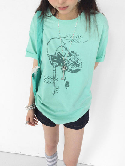 innomoood Mint Green Key Lock Print Loose Crewneck Women&