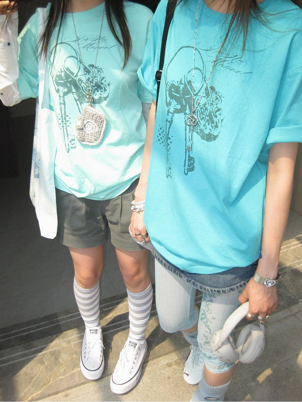 innomoood Mint Green Key Lock Print Loose Crewneck Women&
