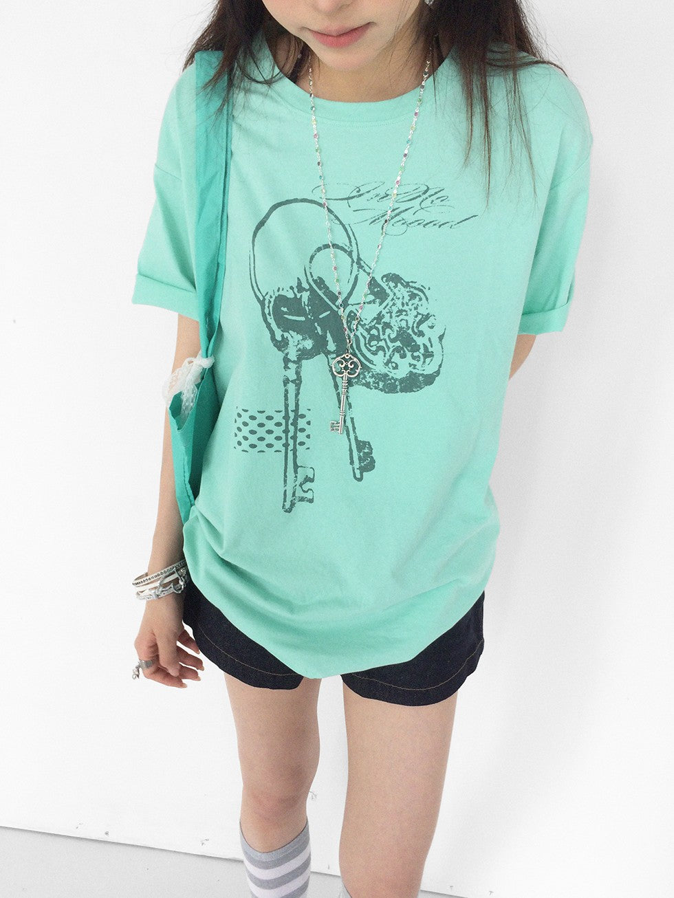 innomoood Mint Green Key Lock Print Loose Crewneck Women&