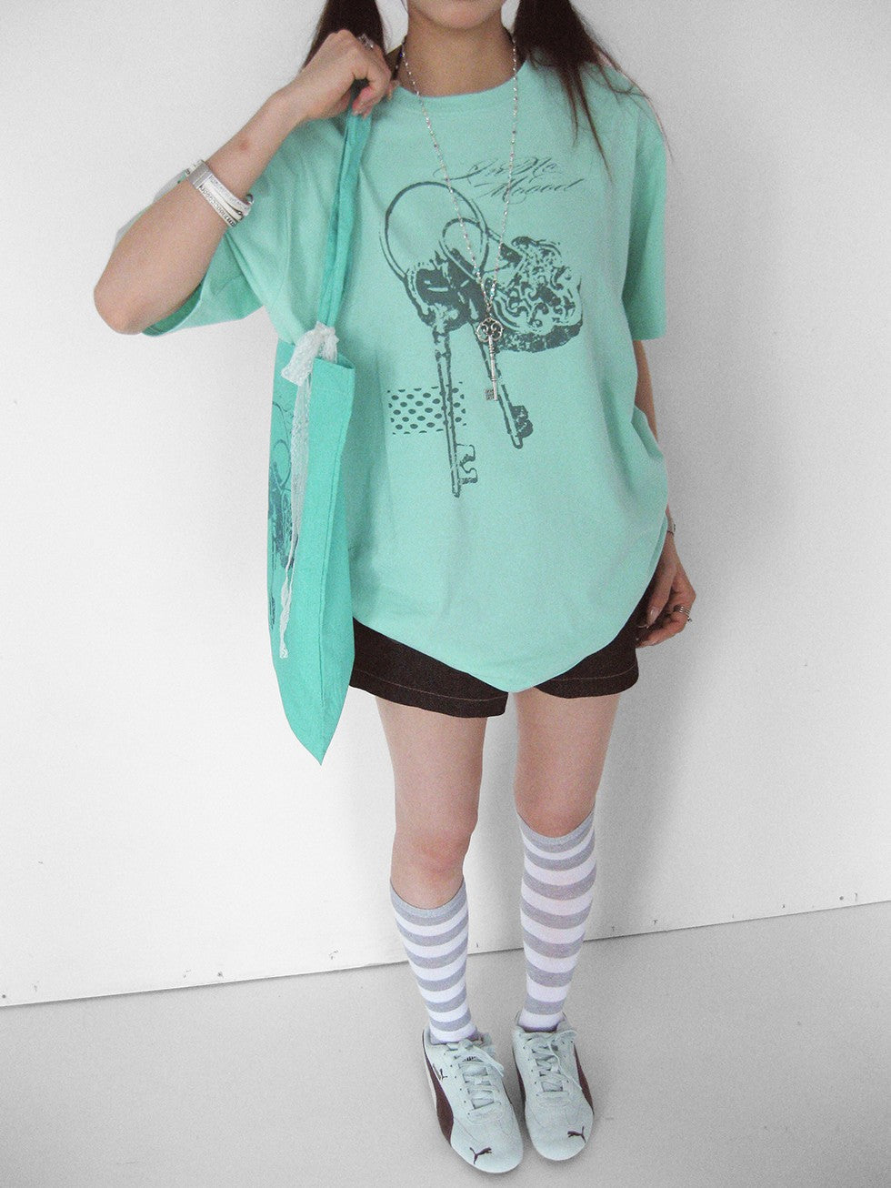 innomoood Mint Green Key Lock Print Loose Crewneck Women&