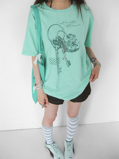 innomoood Mint Green Key Lock Print Loose Crewneck Women&