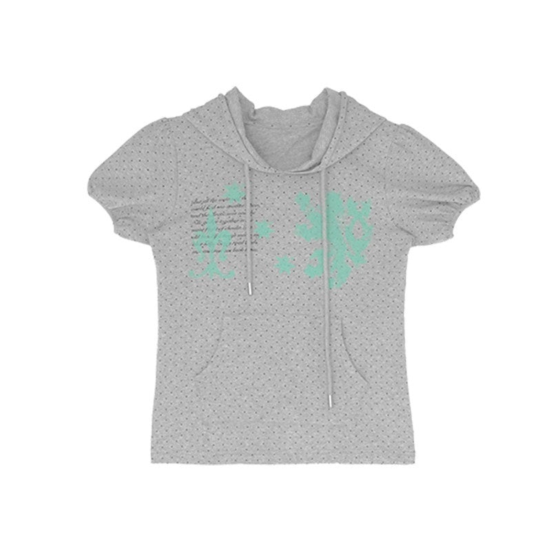 innomoood Mint Polka Dot Print Puff Sleeve Hooded Women&