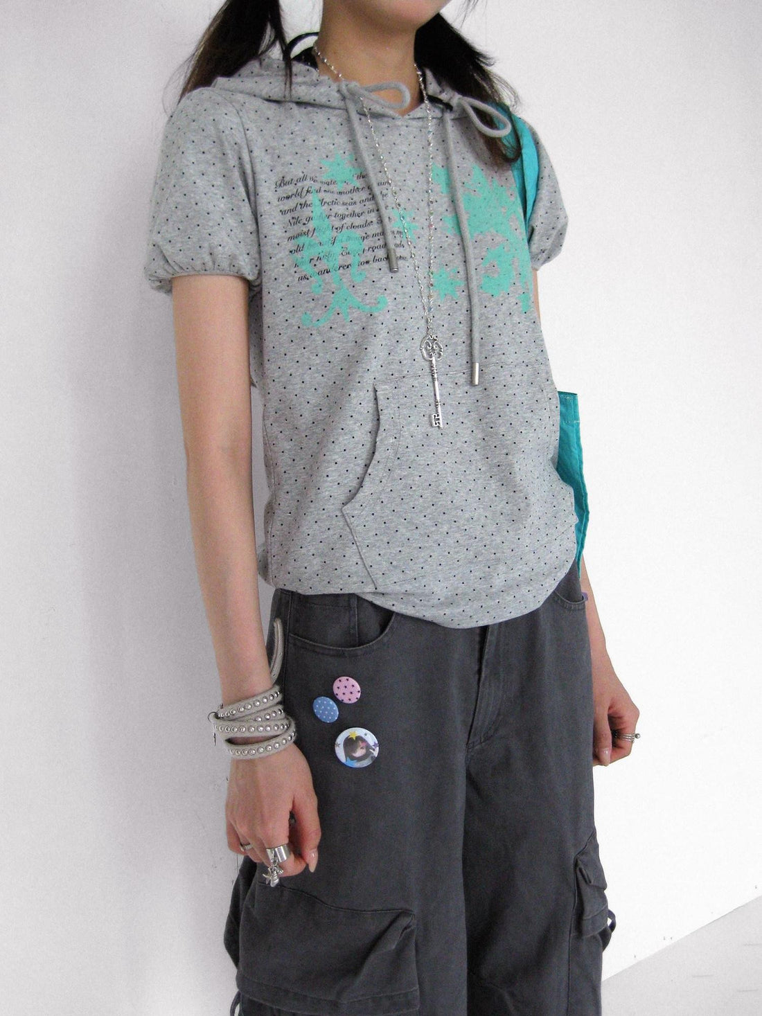 innomoood Mint Polka Dot Print Puff Sleeve Hooded Women&