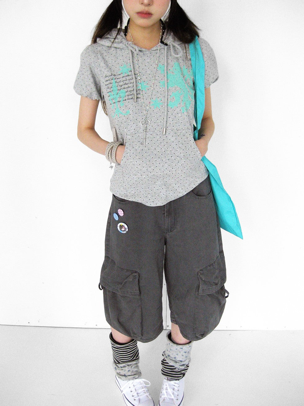innomoood Mint Polka Dot Print Puff Sleeve Hooded Women&