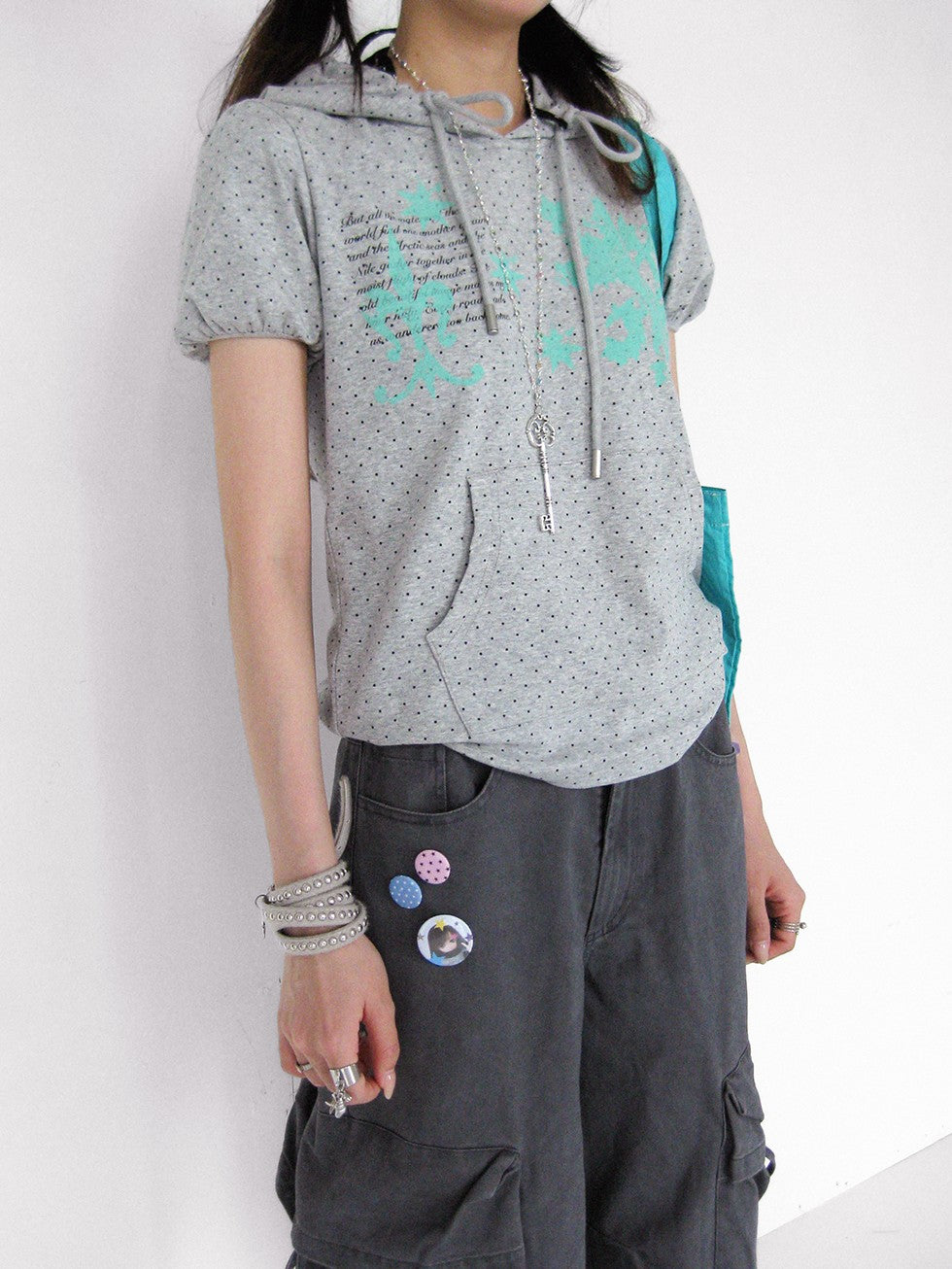 innomoood Mint Polka Dot Print Puff Sleeve Hooded Women&