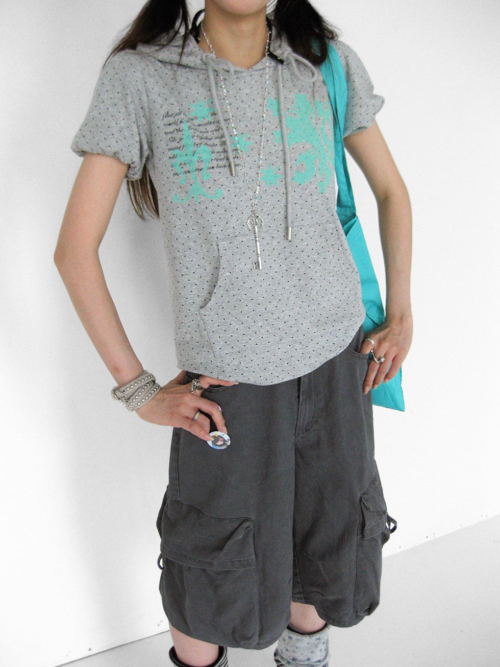 innomoood Mint Polka Dot Print Puff Sleeve Hooded Women&