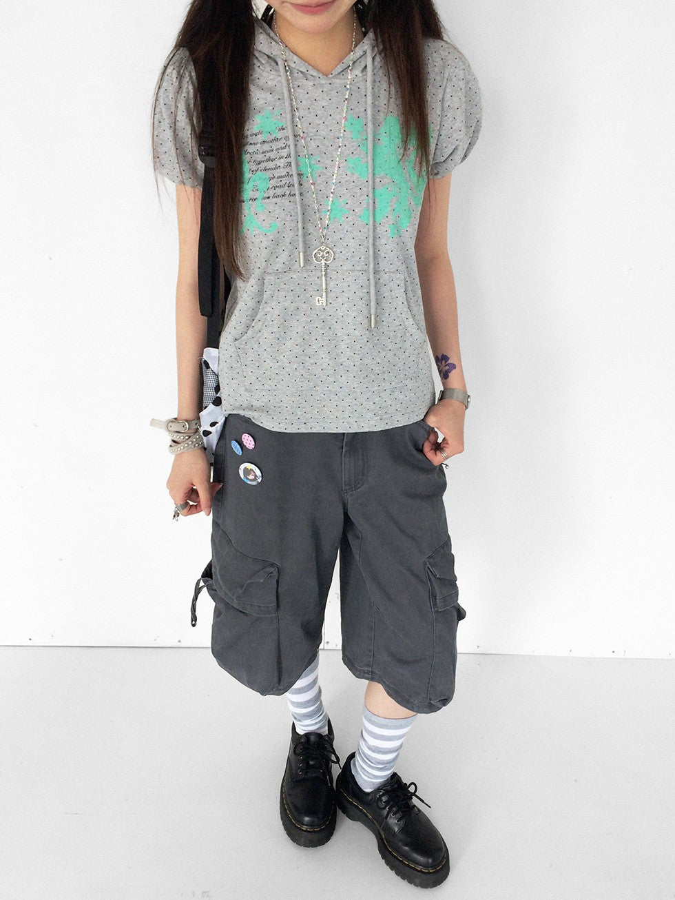 innomoood Mint Polka Dot Print Puff Sleeve Hooded Women&